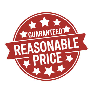 Round red grunge stamp with text guaranteed reasonable price and stars on transparent background.