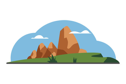 Stylized desert rock formations under blue sky with clouds and green hills