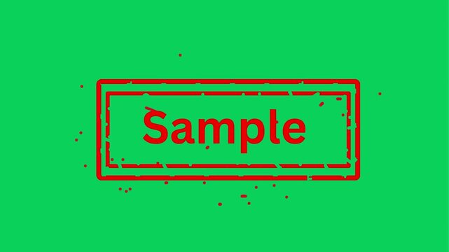 Bold red text and sample stamps appear with subtle motion against a green and black backdrop