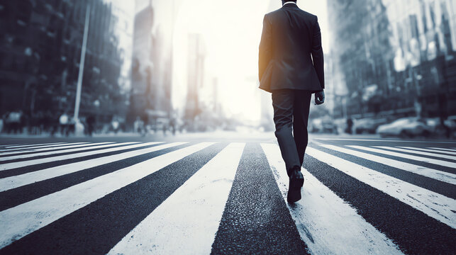 A confident businessman walking across a city street in a modern urban environment, symbolizing ambition and progress.