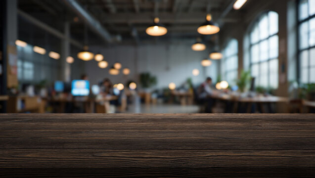 wood table top with blurry office space background