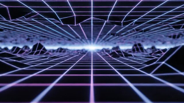This futuristic digital landscape pulsates with vibrant neon lines forming a three-dimensional grid receding into a bright central glow, evoking a sense of infinite cyberspace exploration