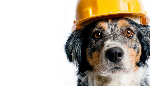 Dogs wear a yellow helmet for construction work isolated on white background. Funny photo of pet dog with hard hat. Concept for safety, working and animals
