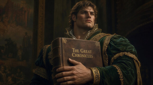 Regal Scholar with Ancient Tome, inspired by Gargantua and Pantagruel