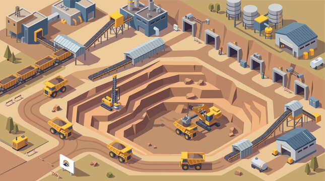 Isometric mining industry vector illustration featuring an open pit mine, heavy machinery, excavators, dump trucks, conveyor belts, industrial buildings, tunnels, and mineral extraction operations.