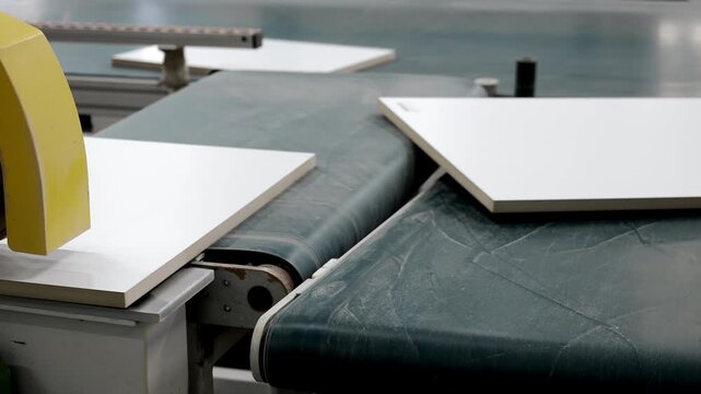 Wooden furniture panels moving on conveyor belt during automated production process in furniture manufacturing factory.