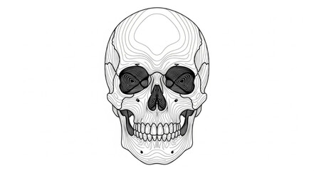 Detailed human skull illustration front view black and white. © Slamet
