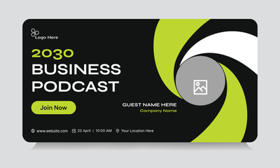 Fototapeta premium Business Podcast Template Design: A sleek and modern podcast template with bold typography, dynamic design elements and dedicated space for logo, image, guest details, and event information.