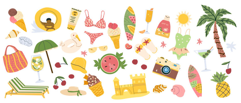 Tropical seaside cartoon icons set. Vector flat illustration of camera, watermelon, sand castle and other beach elements. Cherry and sundae, ice cream with nuts, surfboards.