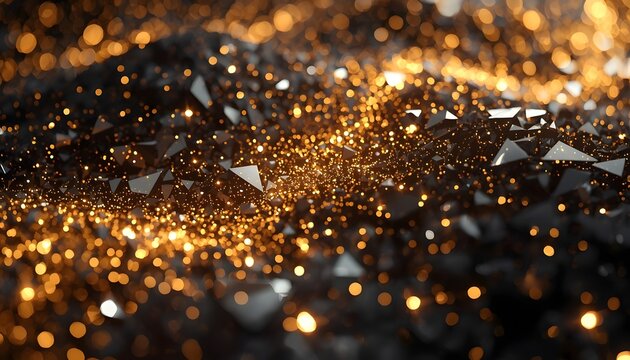 Abstract quantum data field made of fragmented golden diamonds and reflective particles