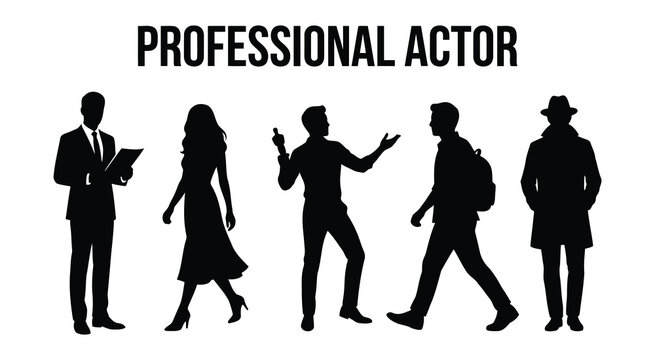 Professional actor silhouettes, set of 5 performer character vector shapes, theater and film industry people icons on white background