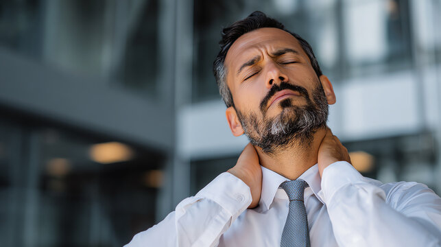 A stressed businessman in a formal attire is experiencing neck discomfort in a modern office environment.