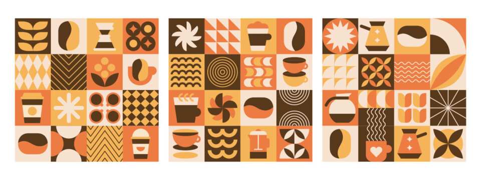 Abstract geometric design poster with coffee beans, hot drink, beverage cup, leaves and bauhaus modern elements. Vector minimalist seamless pattern background template for cafe menu, food package
