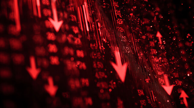 A striking image of red digital arrows descending against a backdrop of binary code, symbolizing decline and data.
