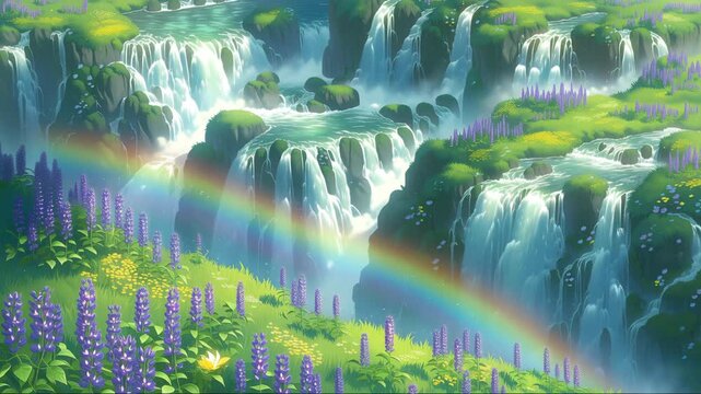 Lush Green Landscape with Cascading Waterfalls and Vibrant Purple Flowers Under a Colorful Rainbow in a Serene Natural Setting
