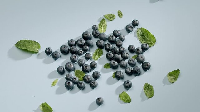Fresh blueberries scattered with mint leaves on a light blue background, showcasing natural and healthy ingredients perfect for recipes and decoration.
