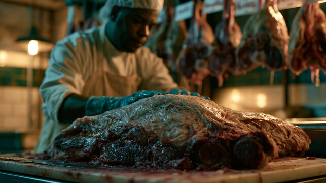 Single professional butcher breaking down an entire animal carcass with nothing wasted, every offal portion labeled on hooks above, clean industrial lighting, ideal for zero waste cooking, nose to t