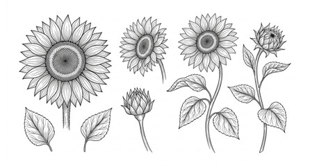 Fine line sunflower vector illustration floral black and white botanical line art set © MdMintu