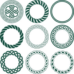 Celtic knot circular frames set, braided rope borders, nautical twist round wreaths, vintage Greek key ornament, tribal mandala vector illustration elements, © Rubel