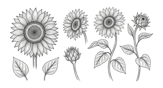 Fine line sunflower vector illustration floral black and white botanical line art set