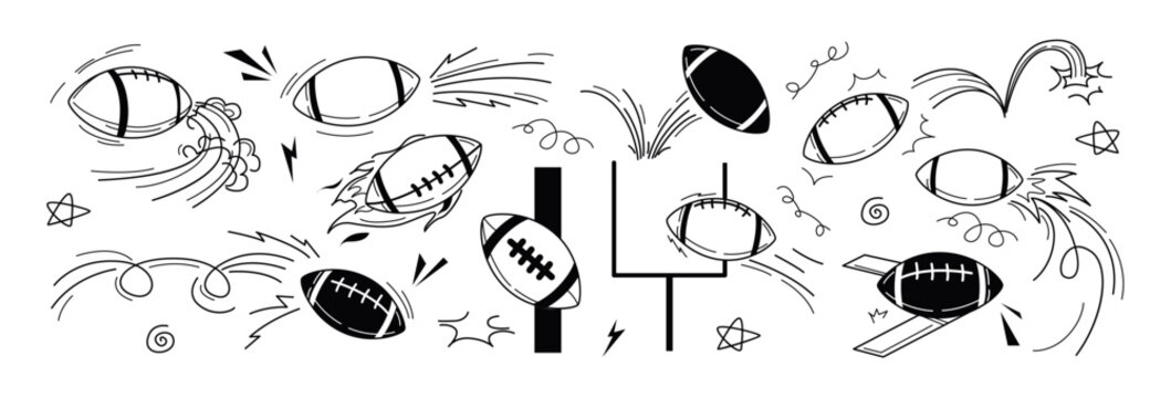 Vector doodle rugby sport ball trajectory bounce with motion line effects. Hand drawn american football game outline icons with flying, bouncing and spinning movement. Sketch drawing playing equipment
