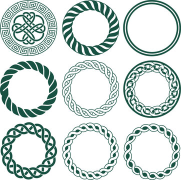 Celtic knot circular frames set, braided rope borders, nautical twist round wreaths, vintage Greek key ornament, tribal mandala vector illustration elements,