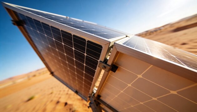 Showing solar panels tilting on aluminum frame in desert, revealing cell grid and lens flare