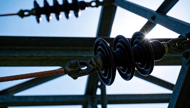 Showing stacked disc insulator connecting to stranded copper conductor on steel tower, sun flare