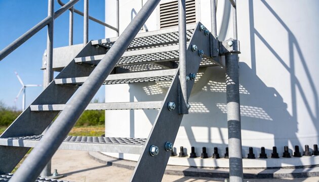 Showing galvanized grated staircase climbing wind turbine tower at maintenance pad, with hex bolts