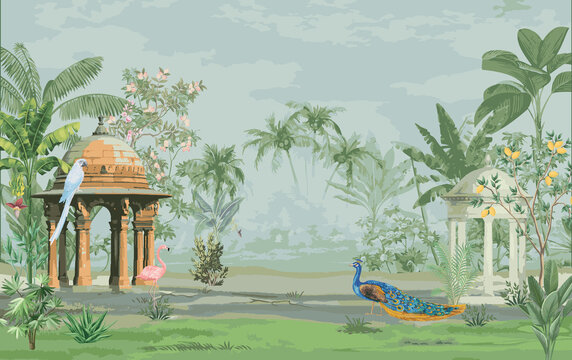 Mughal architect forest garden with peacock, bird. Tropical jungle garden wallpaper design illustration.