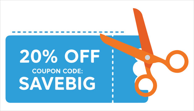 A graphic illustration of a blue coupon offering 20% off with the code SAVEBIG, being cut by orange scissors against a white background.