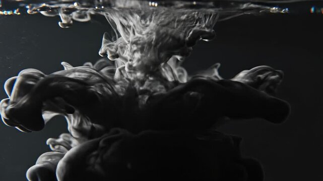 Striking grayscale ink cloud blooms underwater, creating organic abstract patterns and swirling ephemeral forms that evoke a sense of dynamic movement and artistic emulsion against a dark