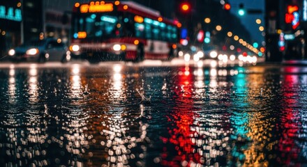 Obraz premium Rainy Night City Street with Blurred Traffic and Colorful Light Reflections on Wet Pavemen