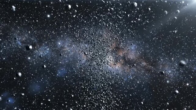 An expansive cosmic scene depicts a dense asteroid field drifting through the ethereal glow of the Milky Way galaxy against a backdrop of deep space nebulas and distant stars
