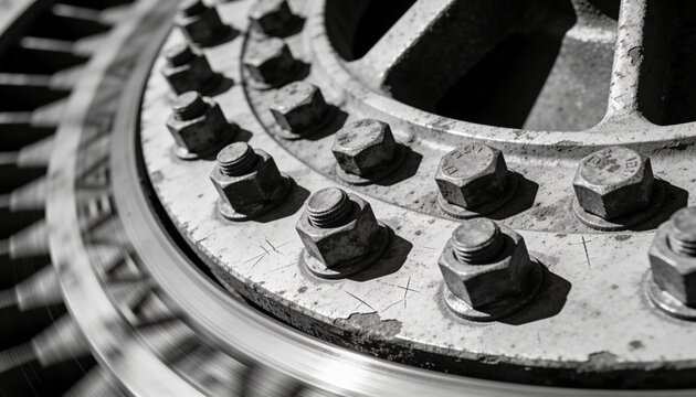 Rotating metal wheel hub assembly revealing worn hexagonal lug nuts and threaded studs at workshop