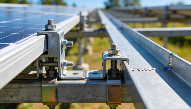 Showing aluminum clamp securing solar panel edge on ground mount racking, with hex bolts