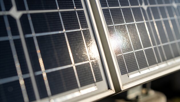 Displaying two solar panels glinting under direct sunlight on outdoor support, with visible bolts