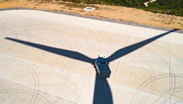 Casting 3-blade turbine shadow across concrete pad on hillside, showing vehicle and tire marks
