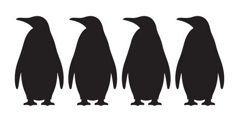 Four black penguin silhouettes standing side by side isolated on white background vector. © Farik