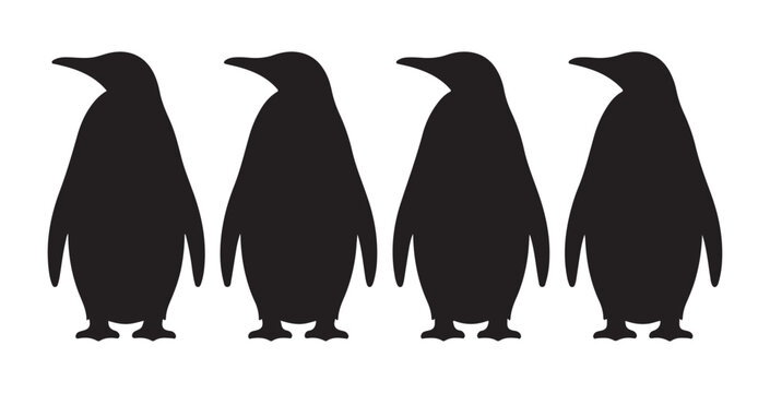 Four black penguin silhouettes standing side by side isolated on white background vector.