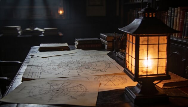 Metal lantern casting amber light across navigation charts on wooden study table, with books