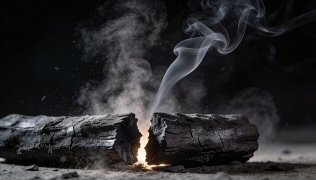 Smoldering split charred logs emitting curling smoke on dark studio surface, glowing ember and ash