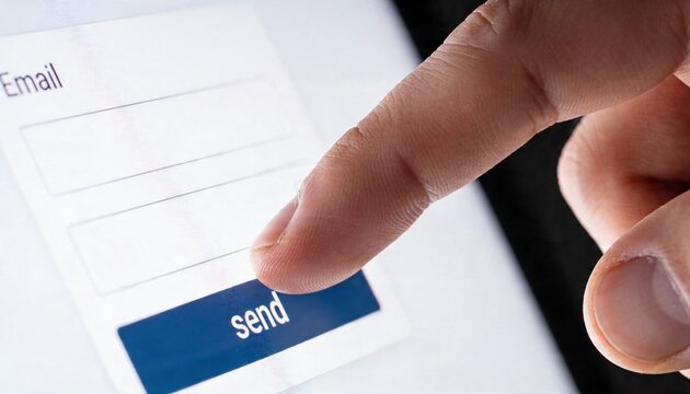 Tapping index fingertip pressing send button on touchscreen at desk, with email form, copy space