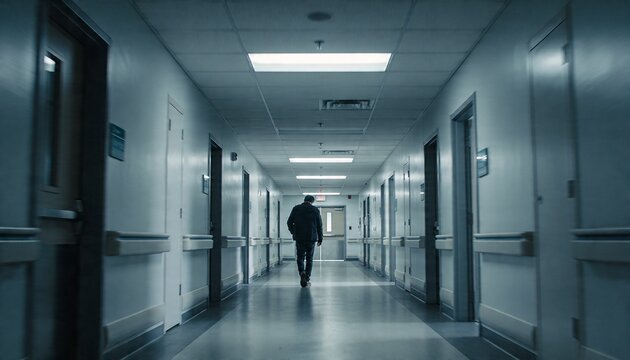 Walking solitary man in dark jacket and pants down clinical corridor toward exit carrying backpack