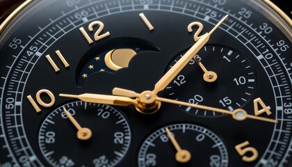Fototapeta premium Displaying luxury analog watch dial revealing gold hands, three subdials, moonphase in studio macro