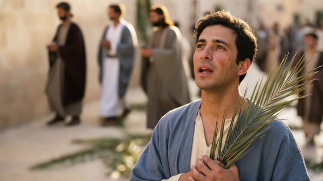 Man holding palm branch praying in biblical setting. Historical reenactment of religious devotion. Cinematic portrayal of faith