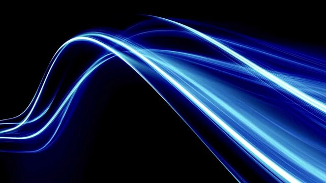 Blue neon light waves on dark futuristic background. Abstract blue light trails high speed fiber optic data motion background.