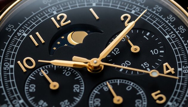 Displaying luxury analog watch dial revealing gold hands, three subdials, moonphase in studio macro