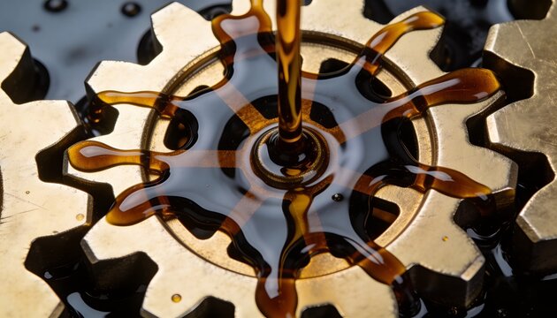 Small central spur gear receiving viscous oil in workshop close-up, with radial droplets forming