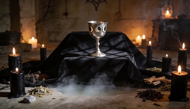 Flickering black pillar candles casting light on silver chalice on velvet plinth in cellar, smoke